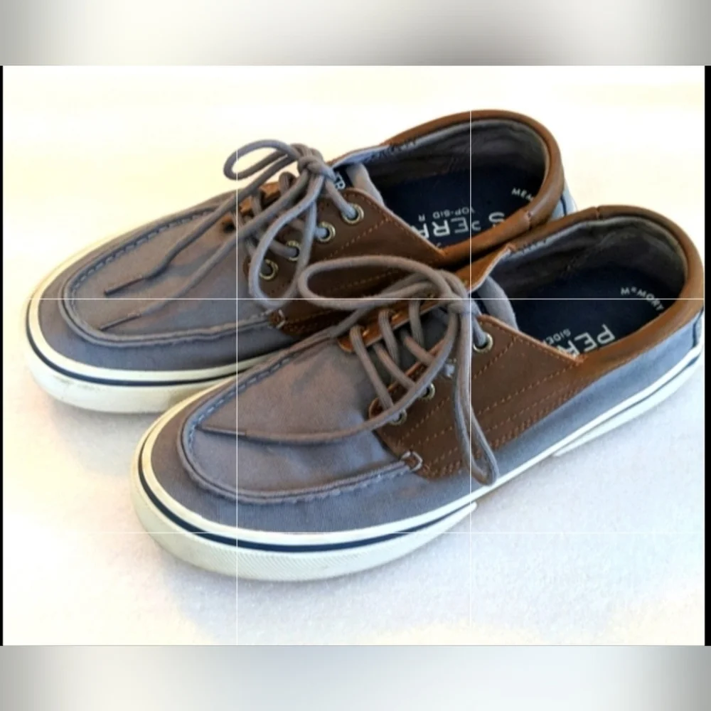 SPERRY Halyard Canvas Top Sider Boat Shoes. Mens. Size 9. Grey/chocolate.